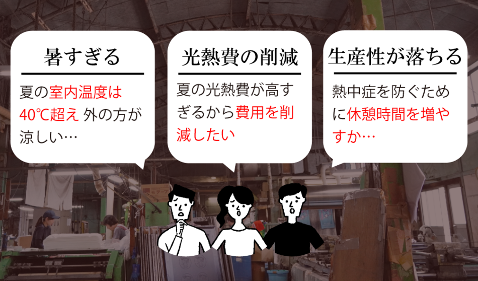 暑さに耐えれない、夏の室内温度は40℃超え 外の方が涼しい…／ 光熱費を削減したい、冷房代が高く どうにか費用を削りたい…／ 生産性が落ちる、熱中症を防ぐためにも休憩時間を増やすか…